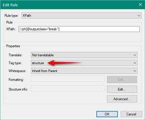 Edit Rule dialog box in Trados Studio with the Tag type set to 'structure' and Translate option set to 'Not translatable'.