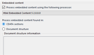 Screenshot of Trados Studio option for processing embedded content using Html Embedded Content 5.2.0.0 processor with 'Process embedded content found in' options.
