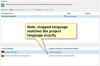 Screenshot of Trados Studio showing a note indicating that the mapped language matches the project language exactly, with German (Germany) as the project language and Serbian (Latin, Bosnia and Herzegovina) as the mapped language in the selected termbase.