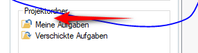 Screenshot highlighting the 'Projektordner' tab in Trados Studio with a red arrow pointing to it, indicating where the project name should be displayed.