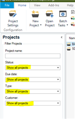 Trados Studio screenshot showing the Projects View with dropdown menus for Project name, Status, Due date, Type, and Customer all set to Show all projects.
