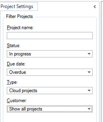 Trados Studio screenshot of Project Settings with Filter Projects section displaying dropdown menus for Project name, Status set to In progress, Due date set to Overdue, Type set to Cloud projects, and Customer dropdown menu.