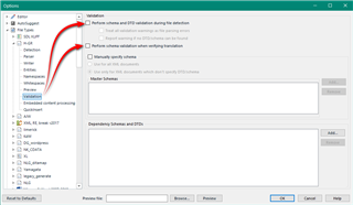 Trados Studio options menu with XML validation settings, showing options to perform validation and to manually specify schemas.