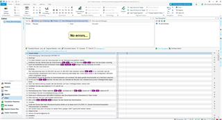 Trados Studio editor view with a message displaying 'No errors...' indicating successful XML file parsing without validation errors.