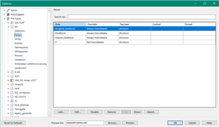 Trados Studio options menu showing rules for a custom XML filetype.