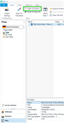 Trados Studio project view with 'Open for Review' button highlighted in the toolbar and a file selected in the project list.