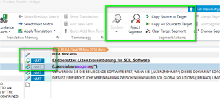 Trados Studio editor mode showing a segment with 'approved by a reviewer' symbol, and a tooltip with segment actions like Confirm, Reject, and Copy Source to Target.