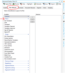 Screenshot of Trados Studio Advanced Display Filter with Status options listed, including Not Translated, Draft, Translated, and Translation Approved.