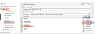 Screenshot of Trados Studio showing the 'Regular Expressions' window with 'Alphanumerics 3' highlighted and an arrow pointing to the 'Remove Item' button.