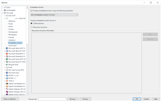 Trados Studio screenshot showing an 'Embedded content' error with details and a 'Processing errors' section indicating 'Document structure errors found'.