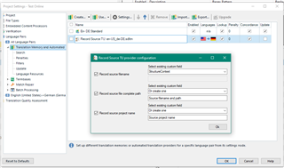 Trados Studio screenshot showing a 'Reset Studio TM' pop-up window with fields for source and target language, template name, and project name, all containing default text.