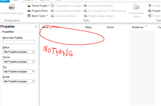 Trados Studio screenshot showing an empty project folder with the word 'NOTHING' handwritten in red over the 'Name' column.