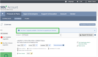 SDL Account webpage with a notification 'You have 1 upgrade available. Click here to upgrade your licenses.' and a list of products including Trados Studio 2021.
