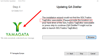 Updating QA Distiller window showing an error message that the installation wizard could not find the SDL Trados TagEditor executable. A red arrow points to the 'Browse' button.