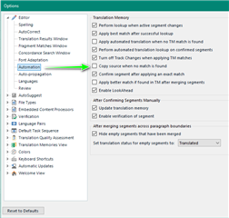 Trados Studio global settings window with File Options menu expanded showing Translation Memory options and various settings checkboxes.