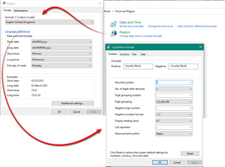 Trados Studio screenshot showing the 'Region and Language' settings window with options for formats, location, keyboards, and administrative settings.