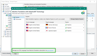 Trados Studio screenshot showing Machine Translation settings with a message at the bottom to manage SDL Language Cloud Machine Translation subscription after account login.