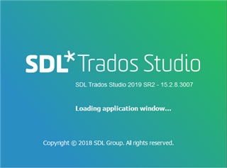 SDL Trados Studio 2019 SR2 version 15.2.8.3007 startup screen displaying 'Loading application window...'.