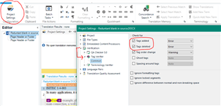 Trados Studio screenshot showing Project Settings with Verification tab open, highlighting Tag Verifier options with errors for 'Tag added' and 'Tag deleted'.