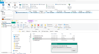 Trados Studio screenshot showing the file explorer with updateclient.exe selected and an error message indicating the update failed to install.