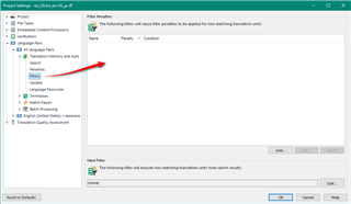 Screenshot of Trados Studio project settings window with a red arrow pointing to the filter symbol indicating an active filter in the translation units.