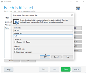 Trados Studio Batch Edit Script dialog box showing options to find and replace text in source or target translation with regular expression capabilities.