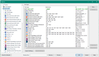 Screenshot of Trados Studio options menu showing file types list with an unexpected empty line between 'Microsoft Word 2007-2019' and 'Microsoft PowerPoint 2007-2019' file types.