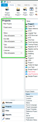 Trados Studio screenshot showing the Projects window with the Project name field blank and all other options set to 'Show all...'. No visible errors or warnings.