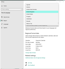 Windows Settings window showing 'Time & Language' options with 'Region' selected, displaying United States as the country or region.
