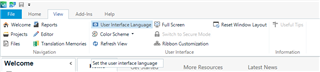 Trados Studio software interface with 'View' tab selected, showing options including 'User Interface Language' and 'Reset Window Layout'.