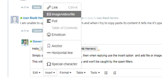 Screenshot of a community forum post with a user named Joan Blade Herrero being instructed to save an XML file and use the insert option to add a file or image in a reply.