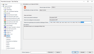 Trados Studio project settings window showing the addition of .props extension in the HTML file type with a warning about too much noise.