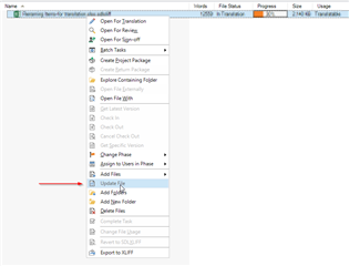Screenshot of Trados Studio with a right-click context menu open, showing 'Update File' option highlighted with a red arrow pointing towards it.