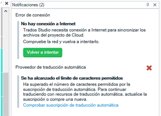 Trados Studio error message stating 'No internet connection' and 'Language Cloud allowance used up'. Retry button available.