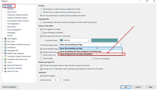 Trados Studio Options dialog box with Editor section open, showing an arrow pointing to the 'Show all formatting' and 'Show formatting and tags' checkboxes. 'Show all formatting' is checked.