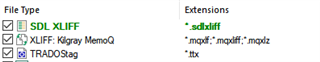 Trados Studio file type settings showing SDL XLIFF files with .sdlxliff extension, XLIFF: Kilgray MemoQ with .mqxliff, .mqxlz, .mqxl extensions, and TRADOS tag with .ttx extension.