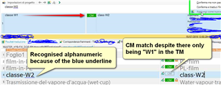 Screenshot of Trados Studio showing a CM match for 'Class W2' despite only 'W1' being in the translation memory, indicated by a blue underline.