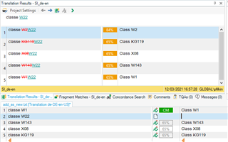 Trados Studio translation results window showing multiple 65% match entries for alphanumeric strings, indicating a recognition issue.