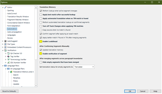 Trados Studio options window with 'Translation Memory' and 'After Confirming Segments Manually' sections. Two checkboxes highlighted in yellow: 'Enable LookAhead' and 'Enable verification of segment'.