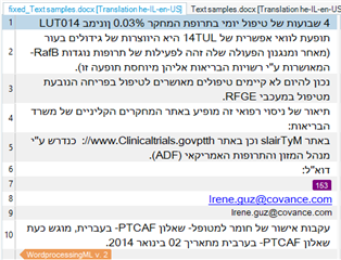 Screenshot of Trados Studio displaying Hebrew text with an email address, indicating correct Left-To-Right text direction after inserting LTR marker.