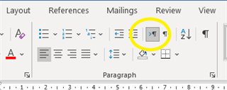 Screenshot of Microsoft Word showing the Paragraph menu with the Text Direction control highlighted, indicating the option to change text from right-to-left or left-to-right.