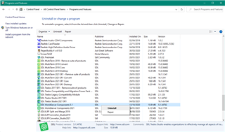 Control Panel window showing a list of installed programs, with 'WorldServer Components 5.1' highlighted for repair.