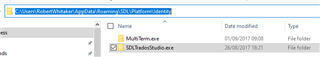 File Explorer window showing Trados Studio installation path with folders 'MultiTerm' and 'SDLTradosStudio.exe'.
