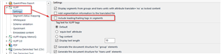 Trados Studio project settings window showing the file types list with XLIFF selected. An error message indicates 'Include translation origin info in updates' is checked.