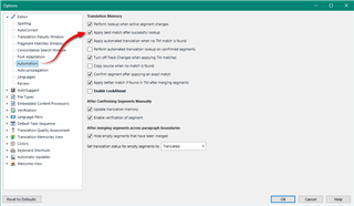 Trados Studio options menu with Translation Memory and Automated Translation settings. A red box highlights the 'Apply automated translation when no TM match is found' option, suggesting it be unchecked.