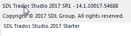 Screenshot of SDL Trados Studio 2017 SR1 version 14.1.10017.54688 with copyright notice.