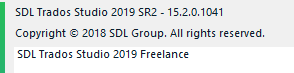 Screenshot of SDL Trados Studio 2019 SR2 version 15.2.0.1041 with copyright notice.