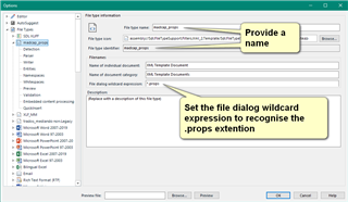 Trados Studio dialog box showing file type settings with a highlighted field to provide a name and set the file dialog wildcard expression to recognize the .props extension.