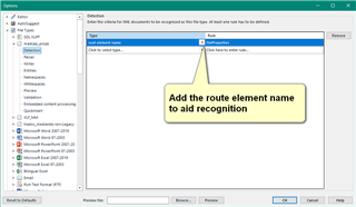 Trados Studio options dialog with a tooltip indicating to add the route element name for aid recognition.