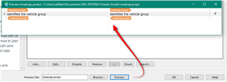 Trados Studio preview window with an error message indicating a missing vehicle group, highlighted with a red arrow.
